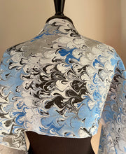 Load image into Gallery viewer, Blue bouquet  water marbled 8mm Habotai silk.  Hang on the wall, use as a table runner or wear this unique piece