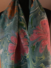 Load image into Gallery viewer, Flowers water marbled 8mm Habotai silk.  Hang on the wall, use as a table runner or wear this unique piece