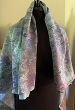 Load image into Gallery viewer, Blue bouquet Sarong Wrap 44x69 water marbled Habotai Silk.