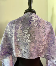 Load image into Gallery viewer, Purple bouquet  water marbled 8mm Habotai silk.  Hang on the wall, use as a table runner or wear this unique piece