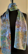 Load image into Gallery viewer, Blue Bouquet marbled  Charmeuse  Silk 72x14” bold fun. This beautiful silk makes a unique dresser cover and scarf