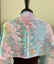 Load image into Gallery viewer, Pink blue yellow bouquet  water marbled 8mm Habotai silk.  Hang on the wall, use as a table runner or wear this unique piece