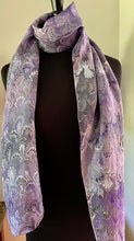 Load image into Gallery viewer, Purple bouquet  water marbled 8mm Habotai silk.  Hang on the wall, use as a table runner or wear this unique piece