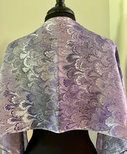 Load image into Gallery viewer, Purple bouquet  water marbled 8mm Habotai silk.  Hang on the wall, use as a table runner or wear this unique piece