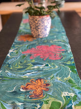 Load image into Gallery viewer, Flowers water marbled 8mm Habotai silk.  Hang on the wall, use as a table runner or wear this unique piece