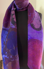 Load image into Gallery viewer, Purple Kandinsky.  Water Marbled Habotai Silk 14x72.