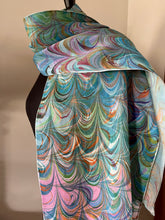 Load image into Gallery viewer, Double marbled  blue orange pink  Charmeuse  Silk 72x14” bold fun. This beautiful silk makes a unique dresser cover and scarf