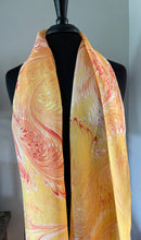 Load image into Gallery viewer, Orange yellow water marbled 8mm Habotai silk. Hang on the wall, use as a table runner or wear this unique piece
