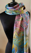 Load image into Gallery viewer, Multidyed Flame. Charmeuse Silk 72x14” bold fun. This beautiful silk makes a unique dresser cover and scarf