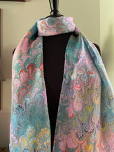 Load image into Gallery viewer, Pink blue yellow bouquet  water marbled 8mm Habotai silk.  Hang on the wall, use as a table runner or wear this unique piece