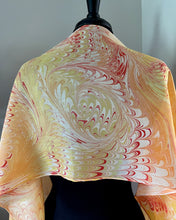 Load image into Gallery viewer, Orange yellow water marbled 8mm Habotai silk. Hang on the wall, use as a table runner or wear this unique piece