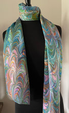 Load image into Gallery viewer, Double marbled  blue orange pink  Charmeuse  Silk 72x14” bold fun. This beautiful silk makes a unique dresser cover and scarf