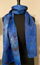 Load image into Gallery viewer, Blue Comb marbled  Charmeuse  Silk 72x14” bold fun. This beautiful silk makes a unique dresser cover and scarf