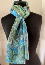 Load image into Gallery viewer, Double marbled blue green brown  Charmeuse  Silk 72x14” bold fun. This beautiful silk makes a unique dresser cover and scarf