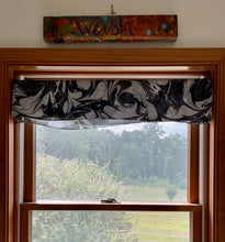 Load image into Gallery viewer, Black gray white combed  water marbled 8mm Habotai silk.  Hang on the wall, use as a table runner or wear this unique piece