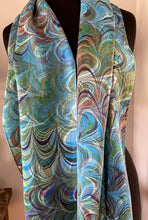 Load image into Gallery viewer, Double marbled blue green brown  Charmeuse  Silk 72x14” bold fun. This beautiful silk makes a unique dresser cover and scarf