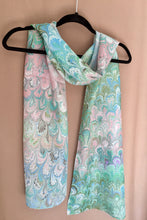 Load image into Gallery viewer, Green Pink bouquet  one of a kind water marbled 8mm Habotai silk.  Hang on the wall, use as a table runner or wear this unique piece