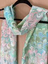 Load image into Gallery viewer, Green Pink bouquet  one of a kind water marbled 8mm Habotai silk.  Hang on the wall, use as a table runner or wear this unique piece