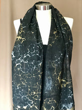Load image into Gallery viewer, Black dyed Marbled  Gold Silver Tokyo Collection Silk, 14"x72" Habotai 8mm, Gift boxed with scarf tying guide