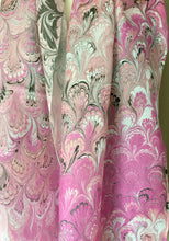 Load image into Gallery viewer, Barbie Pink bouquet  water marbled 8mm Habotai silk.  Hang on the wall, use as a table runner or wear this unique piece
