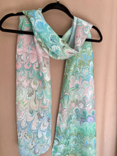 Load image into Gallery viewer, Green Pink bouquet  one of a kind water marbled 8mm Habotai silk.  Hang on the wall, use as a table runner or wear this unique piece