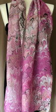 Load image into Gallery viewer, Barbie Pink bouquet  water marbled 8mm Habotai silk.  Hang on the wall, use as a table runner or wear this unique piece