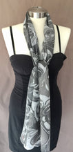 Load image into Gallery viewer, Black gray white French curl   water marbled 8mm Habotai silk.  Hang on the wall, use as a table runner or wear this unique piece