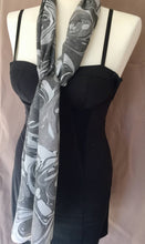 Load image into Gallery viewer, Black gray white French curl   water marbled 8mm Habotai silk.  Hang on the wall, use as a table runner or wear this unique piece