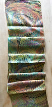 Load image into Gallery viewer, Multi dyed Orange green purple comb Charmeuse Silk 8x52” bold fun. This beautiful silk makes a unique dresser cover and scarf