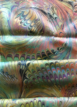 Load image into Gallery viewer, Multi dyed Orange green purple comb Charmeuse Silk 8x52” bold fun. This beautiful silk makes a unique dresser cover and scarf