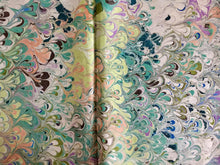 Load image into Gallery viewer, Green blue peach bouquet marbled Habotai Silk 14x72"