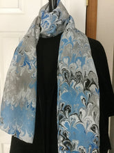 Load image into Gallery viewer, Blue bouquet  water marbled 8mm Habotai silk.  Hang on the wall, use as a table runner or wear this unique piece