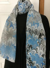 Load image into Gallery viewer, Blue bouquet  water marbled 8mm Habotai silk.  Hang on the wall, use as a table runner or wear this unique piece