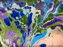 Load image into Gallery viewer, Green, purple, navy and peach random marbled Habotai Silk 14x72"