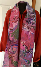 Load image into Gallery viewer, Multi dyed pink, green, purple, blue orange random Silk 14x72 bold fun. This beautiful silk makes a unique dresser cover and scarf