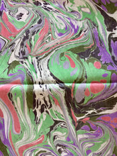 Load image into Gallery viewer, Purple, green, red, black and white marbled Habotai Silk 14x72"