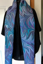 Load image into Gallery viewer, Purple blue teal water marbled 8mm Habotai silk.  Hang on the wall, use as a table runner or wear this unique piece