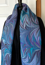 Load image into Gallery viewer, Purple blue teal water marbled 8mm Habotai silk.  Hang on the wall, use as a table runner or wear this unique piece