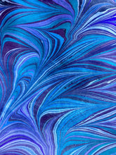 Load image into Gallery viewer, Purple blue teal water marbled 8mm Habotai silk.  Hang on the wall, use as a table runner or wear this unique piece