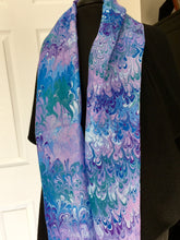 Load image into Gallery viewer, Blue purple teal bouquet  water marbled 8mm Habotai silk.  Hang on the wall, use as a table runner or wear this unique piece