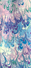 Load image into Gallery viewer, Blue purple teal bouquet  water marbled 8mm Habotai silk.  Hang on the wall, use as a table runner or wear this unique piece