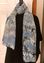 Load image into Gallery viewer, Blue bouquet  water marbled 8mm Habotai silk.  Hang on the wall, use as a table runner or wear this unique piece