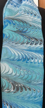 Load image into Gallery viewer, Blue feather  water marbled 8mm Habotai silk.  Hang on the wall, use as a table runner or wear this unique piece