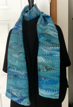 Load image into Gallery viewer, Blue feather  water marbled 8mm Habotai silk.  Hang on the wall, use as a table runner or wear this unique piece