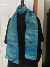 Load image into Gallery viewer, Blue feather  water marbled 8mm Habotai silk.  Hang on the wall, use as a table runner or wear this unique piece