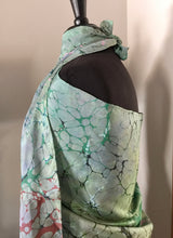 Load image into Gallery viewer, Sarong Wrap 44x69 Habotai Silk. Italian Vein in shades of green with pink, brown, navy and black accents throughout.