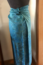 Load image into Gallery viewer, Sarong Wrap 44x69 water marbled Habotai Silk combed and swirled in shades of teal, aqua and navy blue.