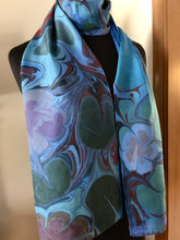 Load image into Gallery viewer, Blue Floral Habotai Silk 14x72 turquoise with red accents. This beautiful silk makes a unique dresser cover and scarf