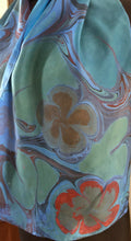 Load image into Gallery viewer, Blue Floral Habotai Silk 14x72 turquoise with red accents. This beautiful silk makes a unique dresser cover and scarf