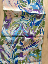 Load image into Gallery viewer, Green, purple, navy and peach random marbled Habotai Silk 14x72"